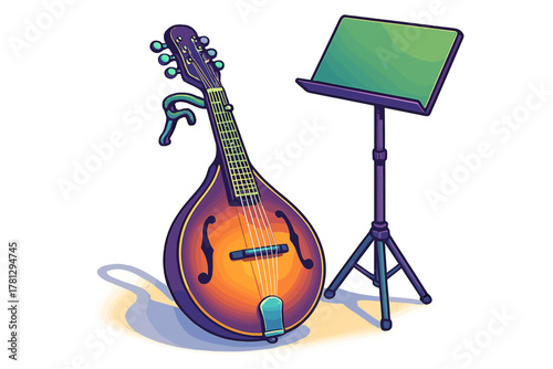 Colorful festive collection of musical instruments including pan flute drum and shaker