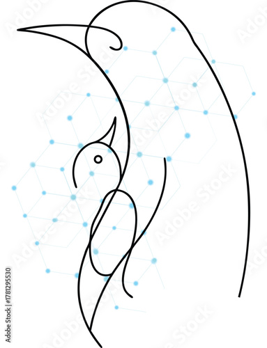 Elegant minimal line art of a parent penguin protecting its young with a network pattern in the background for technological synergy depicting nurturing in the digital age