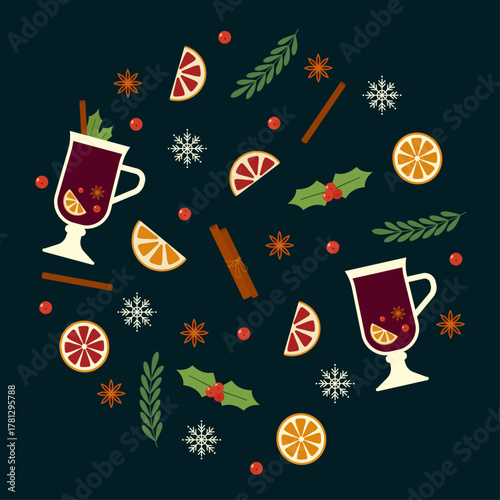Simple stickers with mulled wine, orange slices and christmas elements in flat style. New Year set with mistletoe and snowflakes. Winter collection in geometric shapes