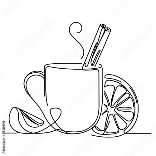 Mug outline with cinnamon stick and orange Aromas and comfort Christmas outline / minimal vector