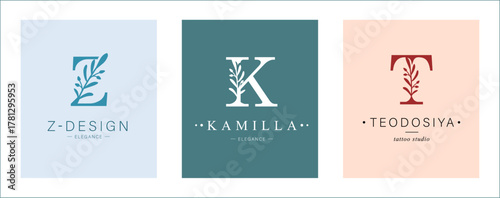 Logo Z, K, capital letter T. Monogram of Botanical Minimalistic, Initial. with Organic Plant Elements. Vector design.
