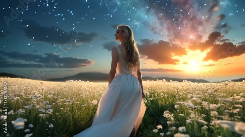 a woman is walking through a field of flowers at s