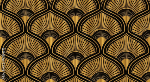 Art Deco Fan Pattern In Gold And Black - Geometric Luxury Wallpaper Design
