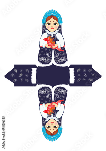 Gift box design with a Russian nesting doll dressed as a Snow Maiden. She is holding a small decorative red horse. Symbol of the New Year 2026 vector 