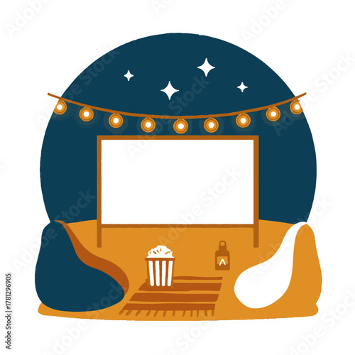 Outdoor Cinema Night Setup with Screen and Popcorn color vector