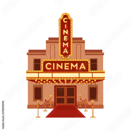 Retro Cinema Theater with Red Carpet and Lights color vector