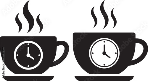 Two steaming coffee cups with clock faces representing time for a break silhouette
