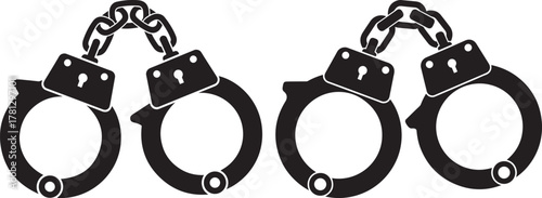 Two pairs of metal handcuffs linked together in a black silhouette