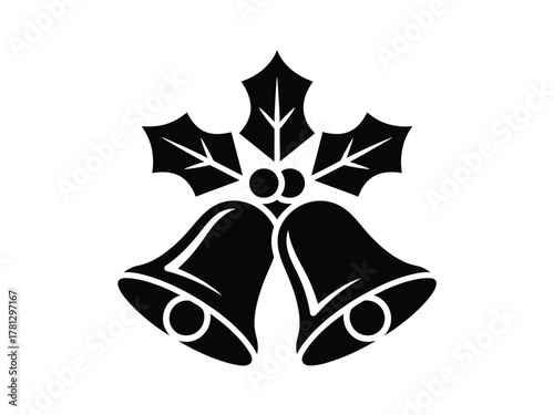 A festive graphic illustration of two bells adorned with holly leaves and berries