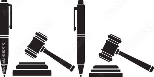 Collection of legal gavel and pen icons representing justice and law silhouette