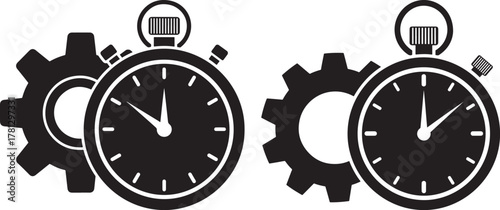 Two vintage pocket watch silhouettes alongside industrial gears silhouette