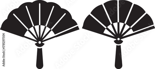 Two traditional japanese folding fans in a striking black silhouette design