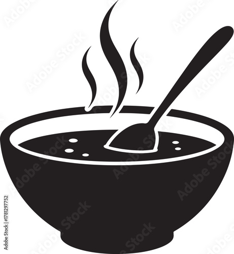 A steaming bowl of hot soup with a spoon silhouette