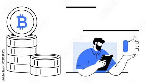 Stacks of Bitcoin coins and a professional analyzing data on a tablet alongside an approving thumbs-up icon. Ideal for cryptocurrency, blockchain, digital finance, investments, trading, banking