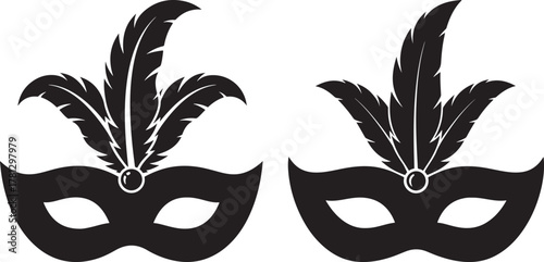 Two ornate feathered masquerade masks displayed side by side silhouette