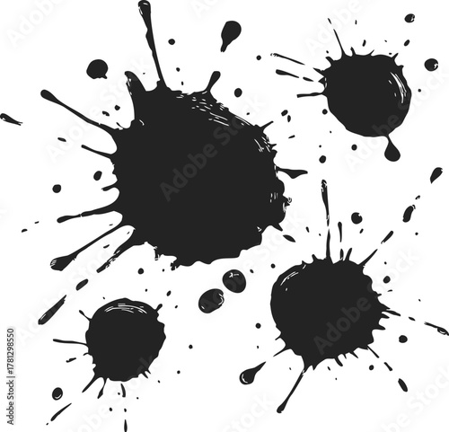 Ink splatter sketch, hand drawn black paint drops with dynamic scatter pattern — stock vector