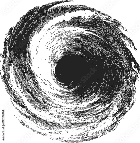 Black hole, hand drawn sketch with swirling accretion disk and event horizon — stock vector