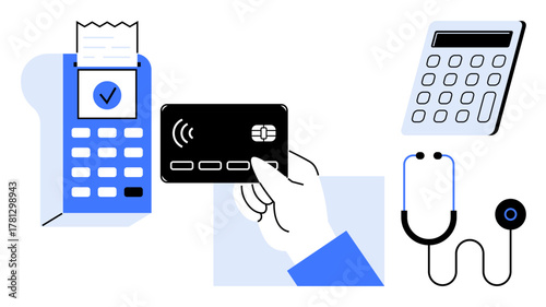 Contactless credit card payment by hand with card reader, receipt confirmation, calculator, and stethoscope. Ideal for finance, technology, healthcare, budgeting, payment systems expense tracking