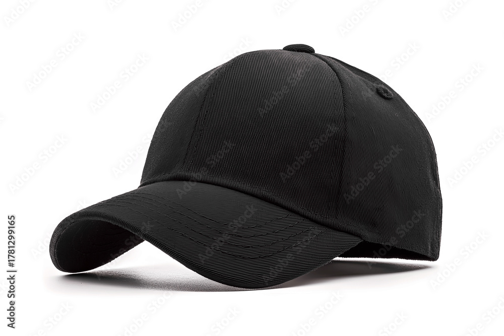 Fototapeta premium A plain black baseball cap, showcasing its classic design and versatile appeal for everyday wear or athletic activities