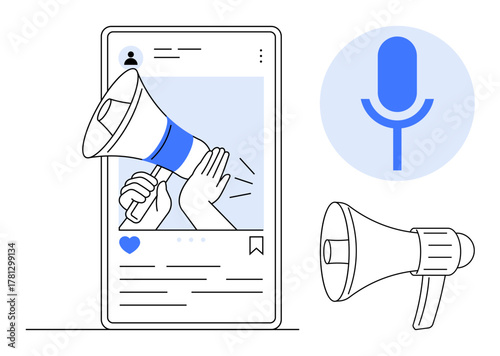 Phone screen displaying social media post with megaphone symbolizing announcement, outreach, or promotion. Nearby microphone icon enhances voice, podcast, or audio concepts. Ideal for marketing