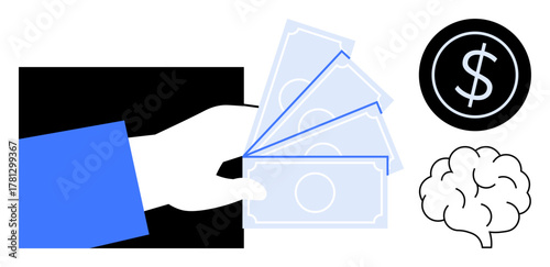 Hand extending banknotes, dollar symbol, and brain icon suggesting money, finance, thinking, and investment. Ideal for banking, budgeting, savings psychology planning business simple flat