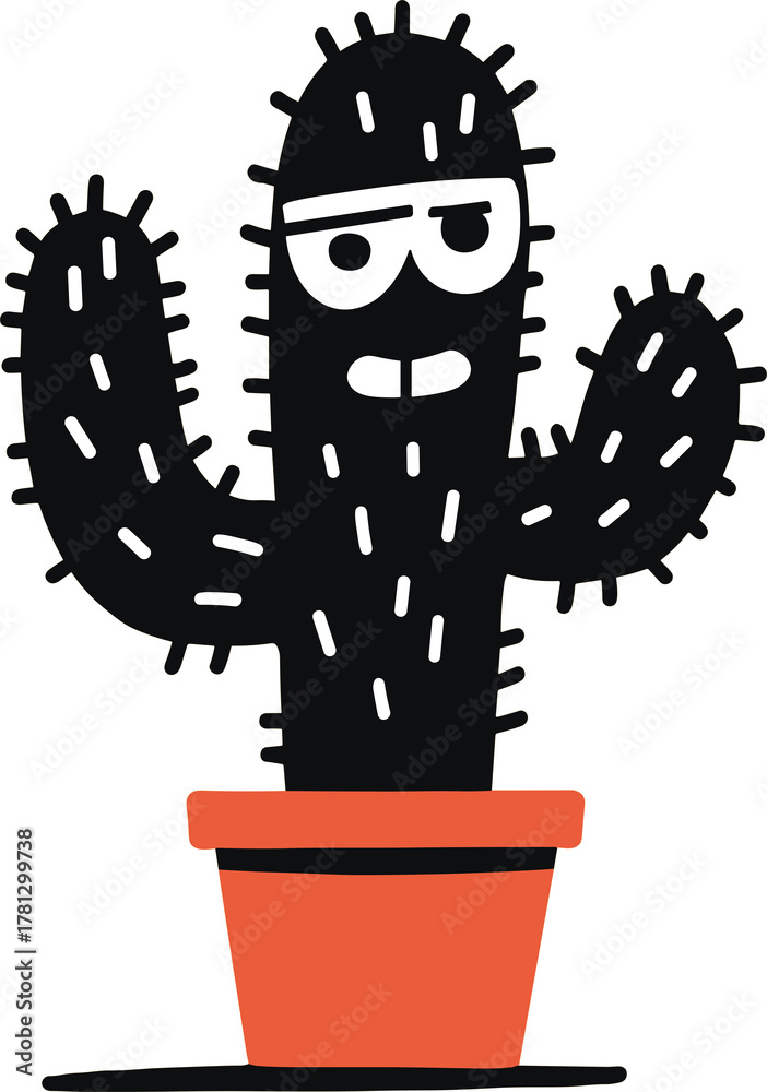 Naklejka premium Cute cartoon cactus character with a quirky expression in a bright terracotta pot against a simple background