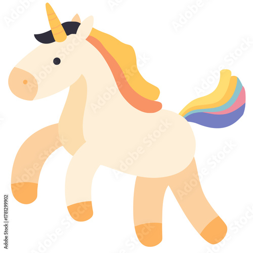 Playful unicorn prancing in a colorful fantasy world with bright and cheerful details for kids' designs