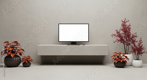 Minimalist Home Entertainment Setup TV with Zoom Screen, Neutral Background for Modern Living