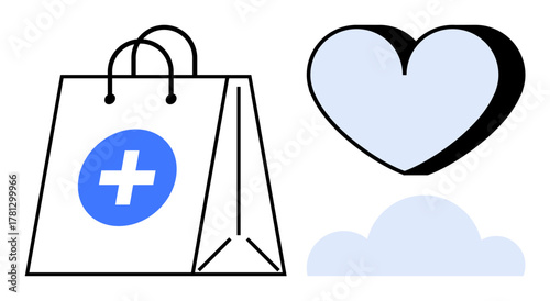 Shopping bag with medical cross, heart, and cloud representing healthcare, connection, supportive services. Ideal for medical services, online shopping, wellness, cloud storage healthcare apps