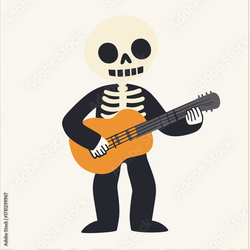 Cute skeleton playing guitar in a playful, colorful illustration perfect for festive occasions and celebrations