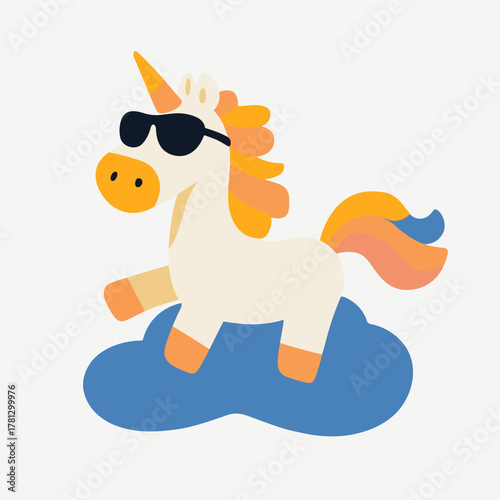 Cute unicorn with sunglasses happily trotting on a fluffy cloud in a colorful flat vector style