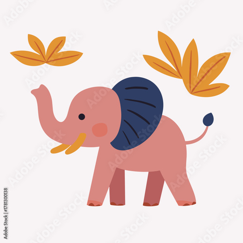 Cute pink elephant playful with falling leaves in a whimsical landscape of vibrant colors ready to brighten any design project