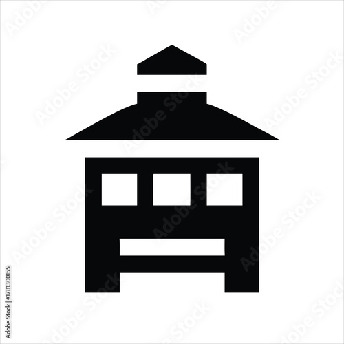 Fire station vector illustration with double garage door and tower silhouette