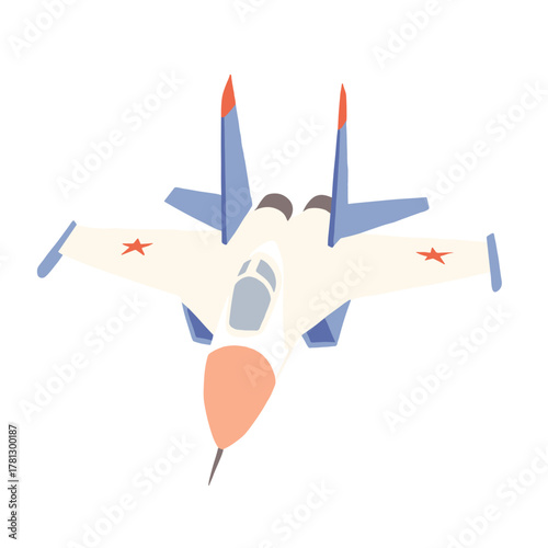 Colorful vector illustration of a fighter jet soaring through the sky in a playful design