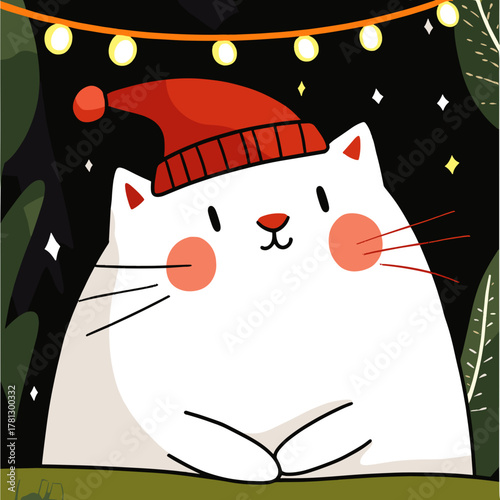 Cute winter cat in a red hat surrounded by festive lights and greenery in a cozy setting