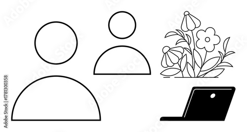 Minimalist line art with two person icons, blooming flowers, and a laptop. Ideal for teamwork, collaboration, nature, technology, growth, community digital interaction and a simple flat metaphor