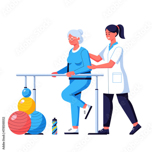 Elderly woman doing physical therapy with assistance in rehabilitation center  