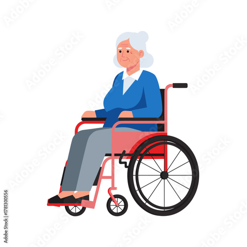Elderly woman sitting in a wheelchair with a friendly expression  