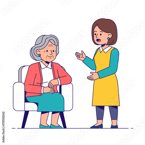 Elderly woman listening to a story from a young caregiver indoors  
