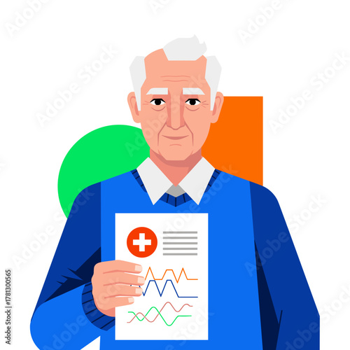 Elderly man holding a medical report with health information  