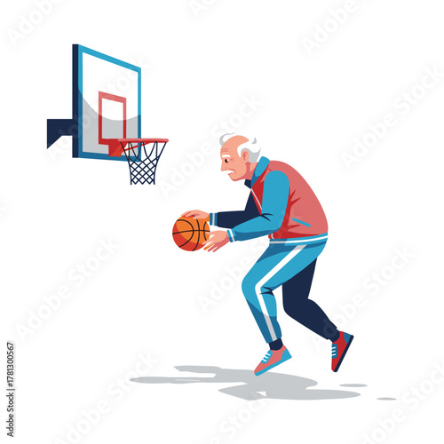 Elderly man playing basketball in athletic wear and focused demeanor  