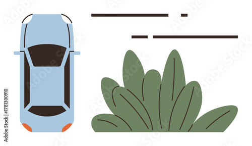Minimalist composition with blue car seen from above, green bushes, and horizontal abstract lines. Ideal for parking, transport, urban planning, nature conservation, minimalism, car design simple