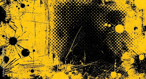 Vibrant Abstract Grunge Background with Halftone Dot Zoom Effect and Energetic Paint Splatters