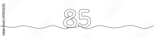 Number 85 continuous line vector illustration. Minimalist monoline drawing style for birthday, anniversary, or typography design.