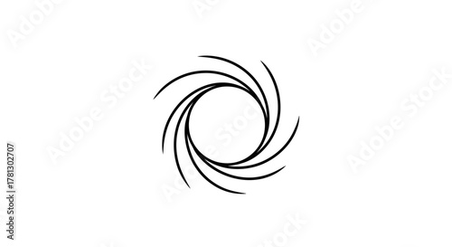 A minimalist black line art illustration of a swirling vortex or camera aperture on a white background.