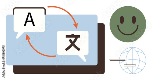 Two dialogue bubbles show language translation with arrows indicating exchange. Additional elements include a globe and happy face. Ideal for communication, language learning, global access