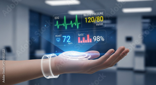 Cutting edge wearable health tracker displays ECG, blood pressure, heart rate and oxygen levels for proactive wellness monitoring and digital healthcare solutions