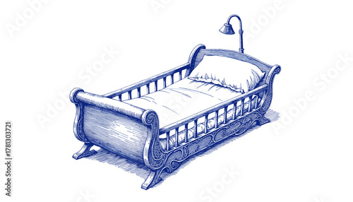 Vintage sketch of a cradle in blue ink with simple design  