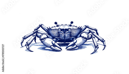 Vintage sketch of crab in blue ink on white background  
