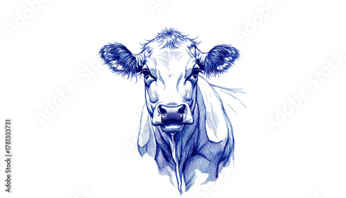 Vintage sketch of a cow in blue ink on white background  